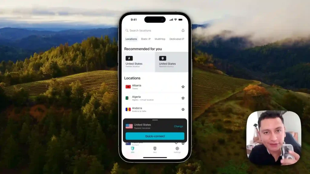 Surfshark VPN 2025: Opinión Profesional y Tutorial Paso a Paso 3 Interfaz de Surfshark VPN en teléfono mostrando la lista de servidores globales (Estados Unidos, Albania, Andorra) y la opción de conexión rápida.