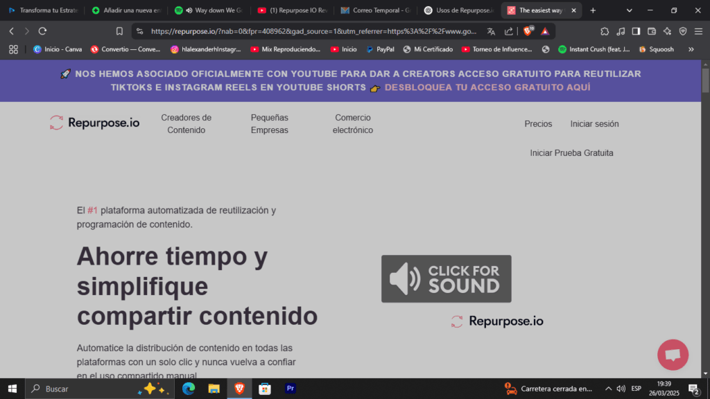 Repurpose IO: Herramienta Definitiva para Reutilizar Contenido 2 Imagen que muestra la pantalla principal de Repurpose IO con opciones para convertir un video, audio o clip en diferentes formatos y distribuirlo en redes sociales