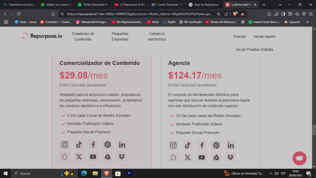 Repurpose IO: Herramienta Definitiva para Reutilizar Contenido 4 Imagen que muestra una tabla comparativa de los diferentes planes de Repurpose IO, incluyendo características y precios mensuales y anuales
