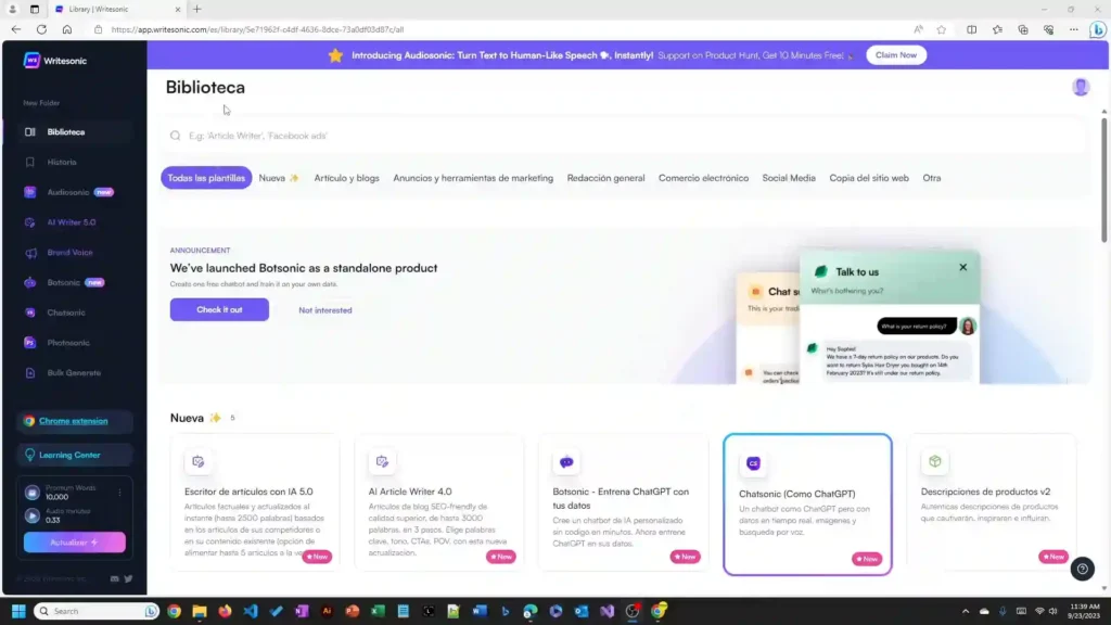 Writesonic AI: la Herramienta que Transformará tu Creación de Contenido 2 Imagen ilustrativa de Writesonic, destacando el panel de configuración inicial, selección de idioma, tono de escritura y tipos de contenido. Una guía para que los creadores de contenido saquen el máximo provecho de esta potente herramienta de IA