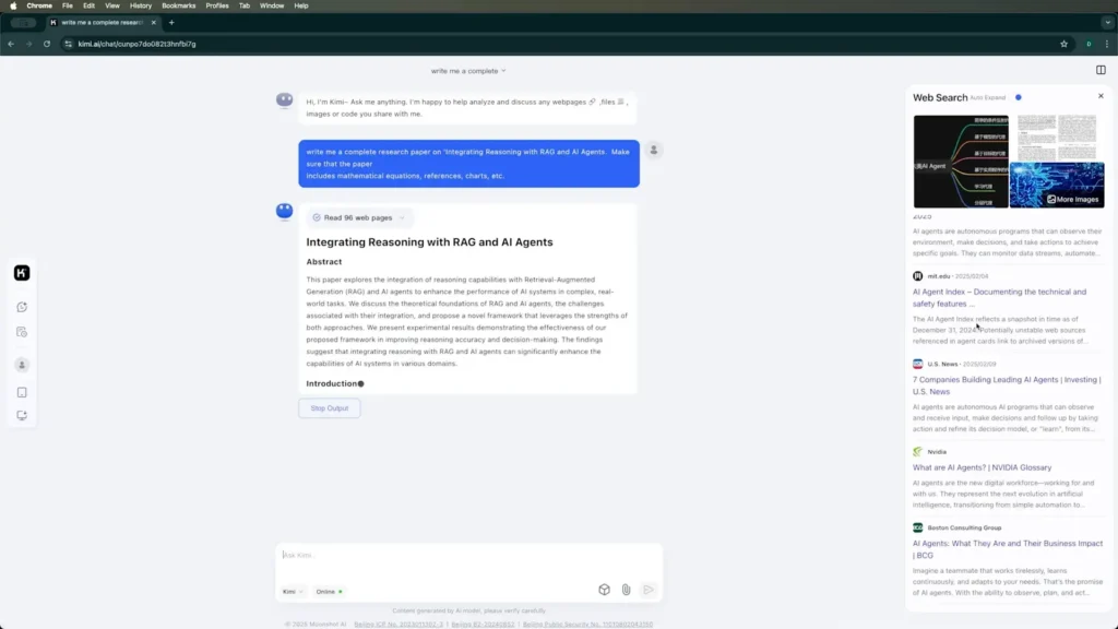 Descubre Kimi AI: La Guía Definitiva para Sacarle el Mejor Provecho 4 Imagen que muestra a Kimi AI generando contenido académico estructurado, destacando su utilidad para la investigación, redacción y corrección de textos.