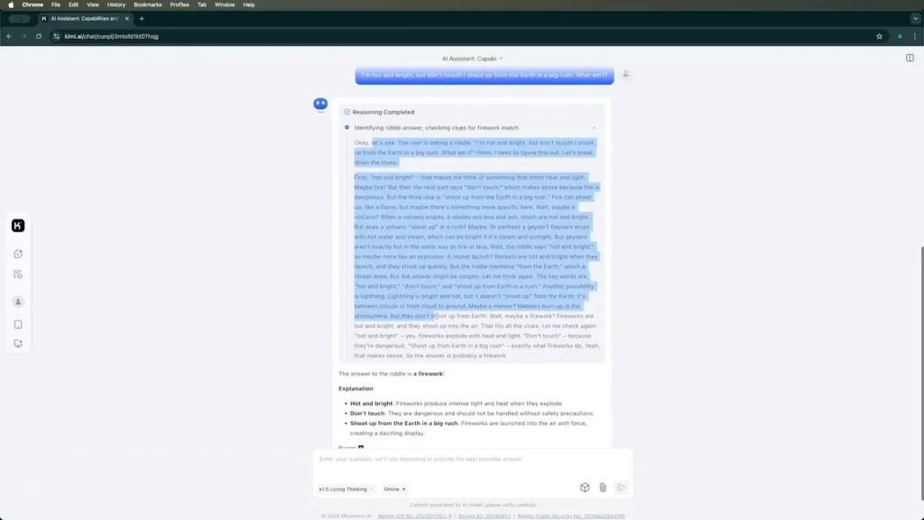 Descubre Kimi AI: La Guía Definitiva para Sacarle el Mejor Provecho 3 Imagen que muestra a Kimi AI analizando y resolviendo un acertijo, demostrando su habilidad para interpretar problemas y ofrecer soluciones lógicas