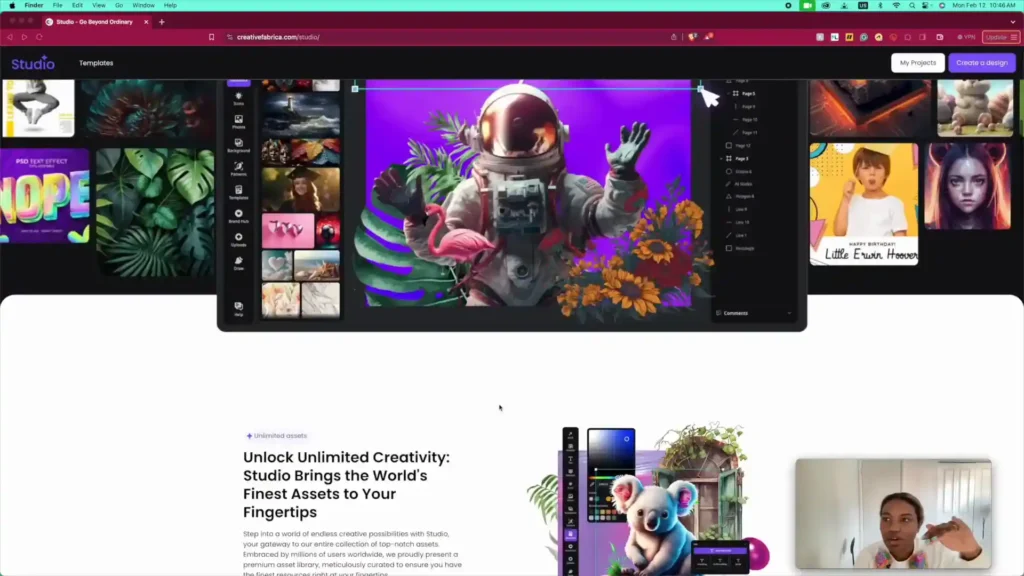Imagen que muestra la pantalla principal de Studio con opciones de personalización y herramientas clave para la edición y producción