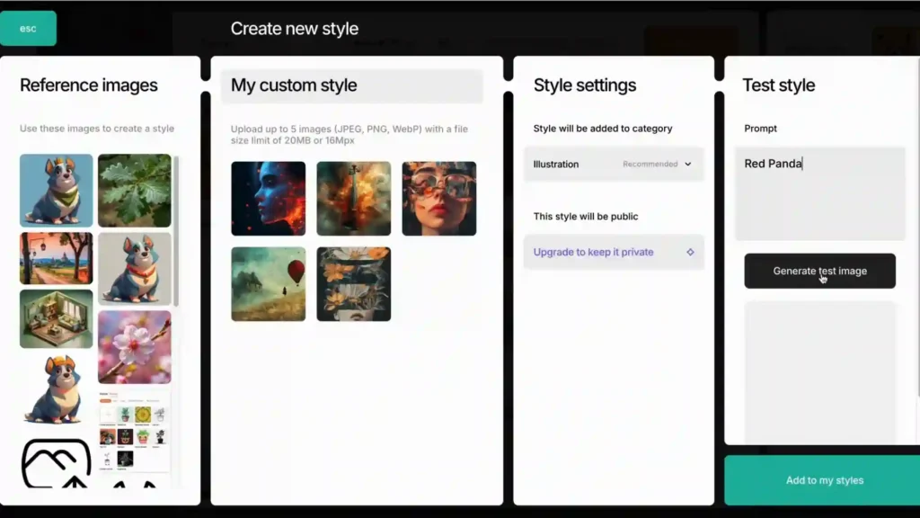 Recraft AI: Estudio de Diseño y Generador de Imágenes AI 4 Imagen ilustrativa del proceso de creación de estilos personalizados en Recraft. Aprende a jugar con colores, texturas y efectos para desarrollar un estilo único que haga que tus diseños sean inconfundibles