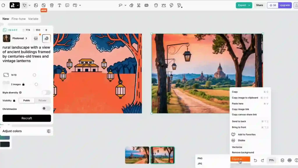 Recraft AI: Estudio de Diseño y Generador de Imágenes AI 3 Imagen ilustrativa del proceso de edición y descarga en Recraft. Descubre cómo optimizar la resolución, ajustar detalles y exportar imágenes con la mejor calidad para cualquier proyecto creativo