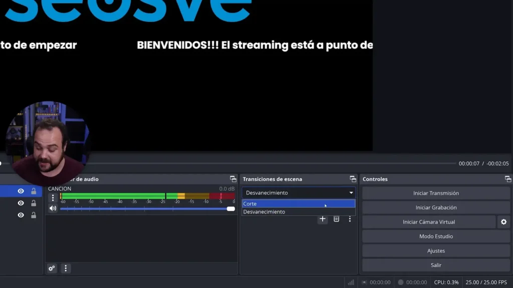 OBS Studio: Herramienta Definitiva para Streaming y Grabación Profesional 3 Imagen ilustrativa del menú de transiciones de escena en OBS Studio, mostrando opciones como fundido, corte, barrido y más. Aprende a configurar y personalizar transiciones para lograr cambios fluidos y profesionales en tus transmisiones en vivo y grabaciones