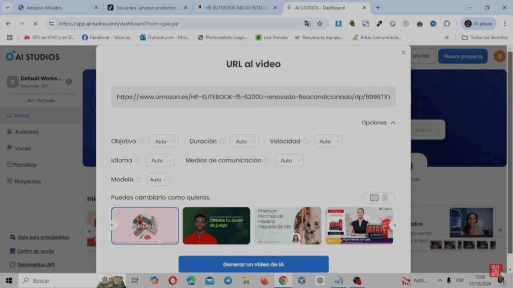 Transformación de Videos Automáticos con DeepBrain AI 2 Imagen que ilustra cómo crear un video a partir de una URL, mostrando las herramientas y pasos necesarios para convertir contenido en línea, como videos o imágenes, en un formato visual editado y listo para compartir