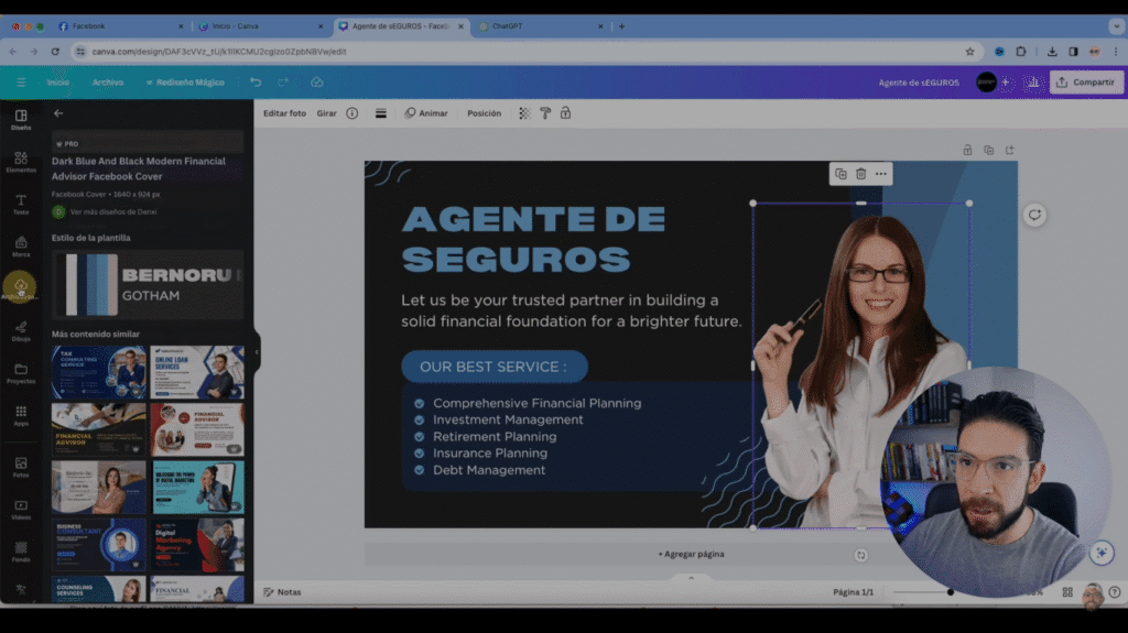 Cómo Crear una Página de Negocio en Facebook de Forma Correcta 3 Canva en acción, con plantillas diseñadas para fotos de perfil y portadas adaptadas a plataformas como Facebook, Instagram, LinkedIn y YouTube